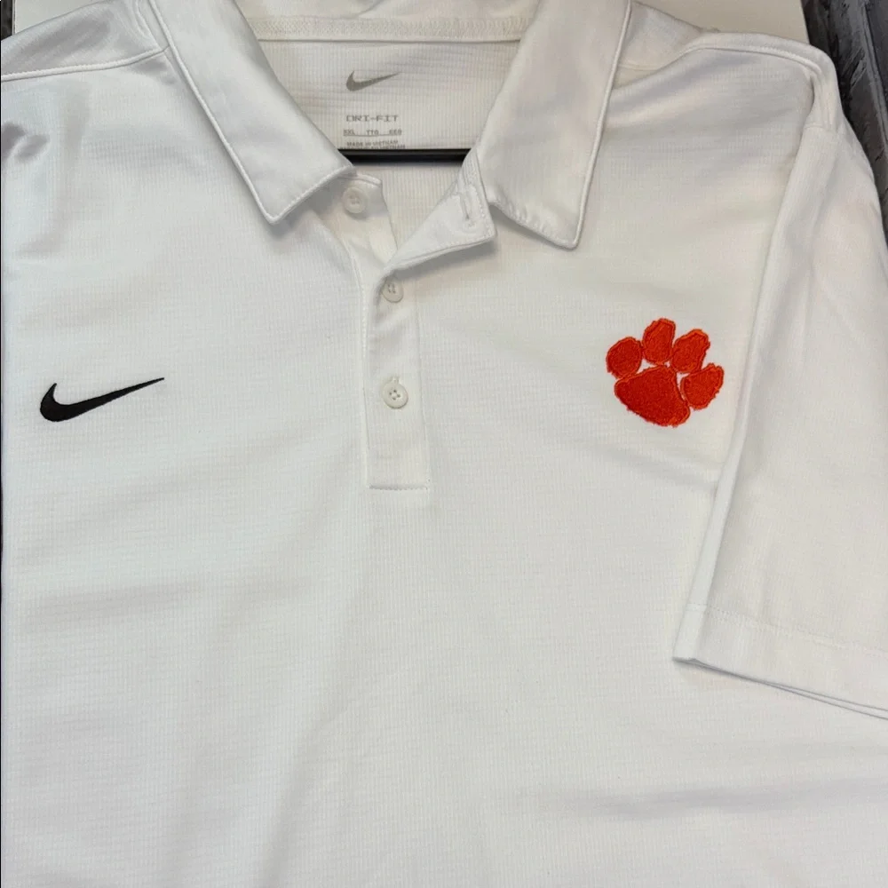 Nike  Clemson Tigers White Polo‎ Shirt with Orange Emblem